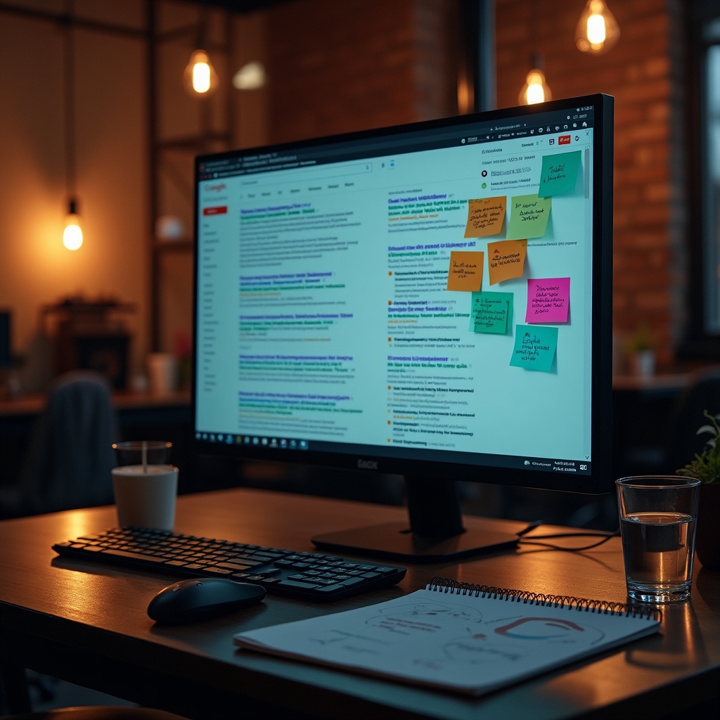 Content strategist reviewing search results and planning content structure on a large monitor in a modern office