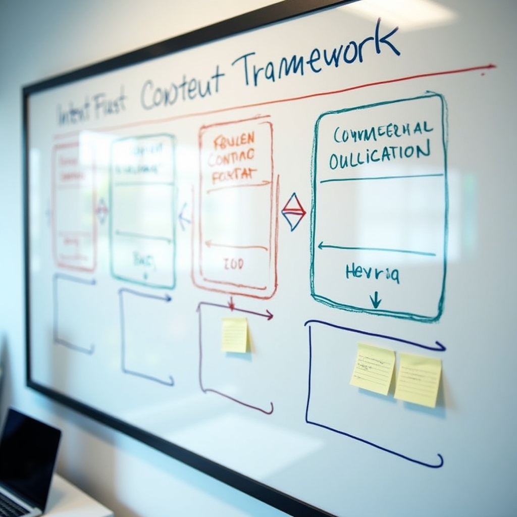 Curriculum outline on whiteboard showing intent categories and content frameworks in a clean office setting