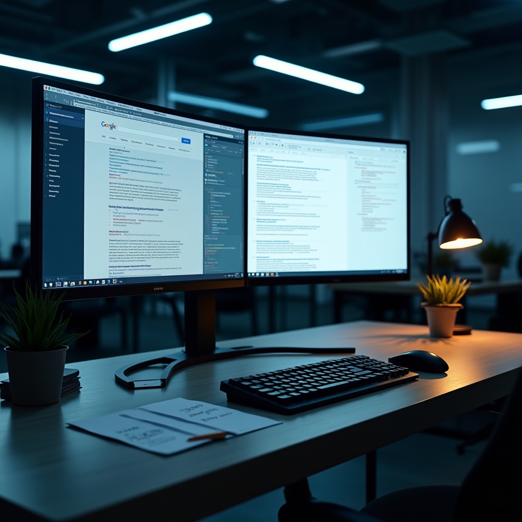 Writer analyzing search intent patterns at a modern workspace with multiple screens